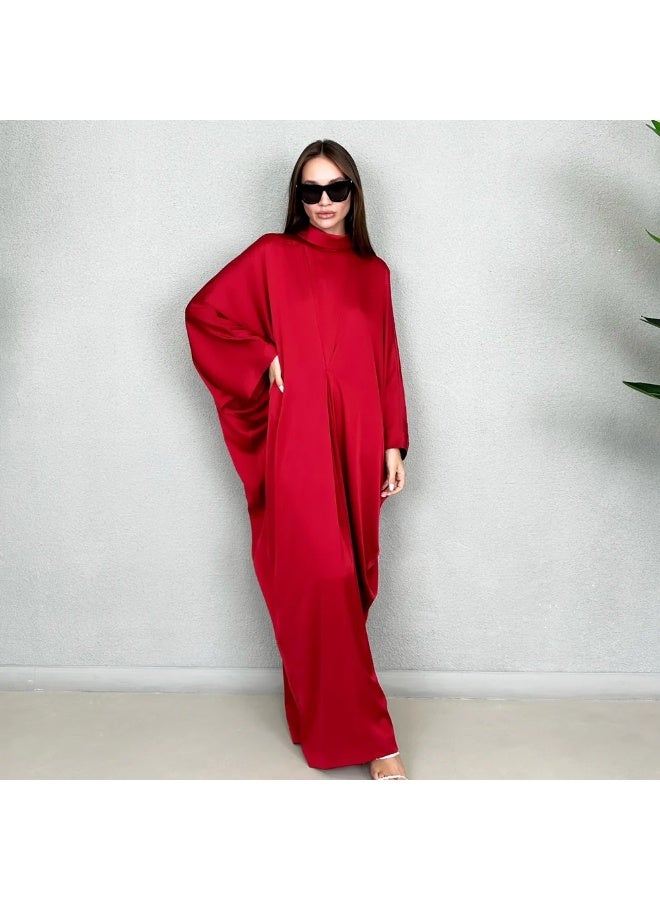 QABEELA RAM23 JAMILA HIGH NECK RED PEPPER SILK SATIN KAFTAN - Image 1